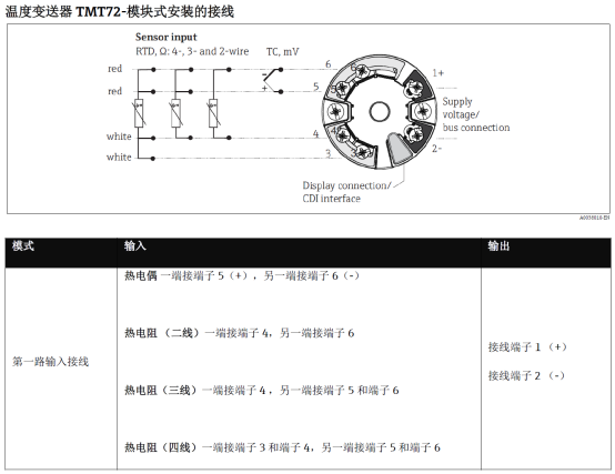 Diagrama esquemático de los terminales de conexión del transmisor de temperatura TMT72