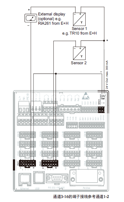 Diagrama de cableado de salida de tensión auxiliar para sensor de dos hilos